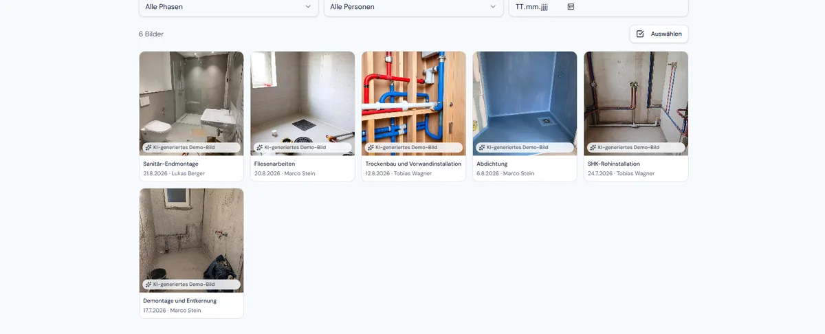 Fotodokumentation der Baustelle in Craft-Sync, sortiert nach Bauabschnitt