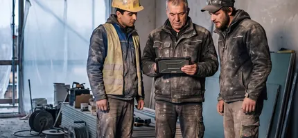 Drei Handwerker verschiedener Gewerke schauen auf der Baustelle gemeinsam auf ein Tablet
